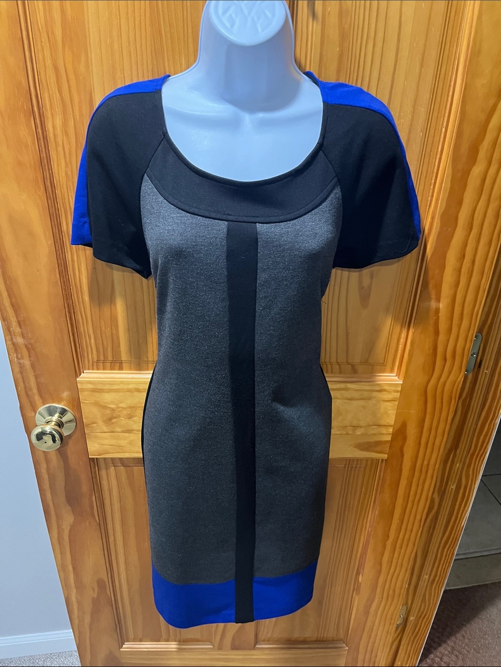 VENUS Gray Ponte Sheath Dress with Black Panels & Royal Blue Trim